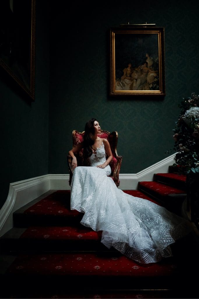 timeless portrait of bride with studio lighting inside Addington Palace.